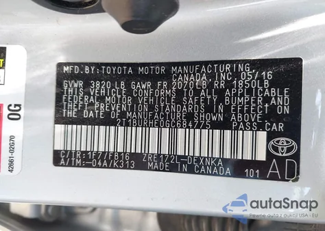 2016 Toyota Corolla Le from USA, damaged, VIN 2T1BURHE0GC684775